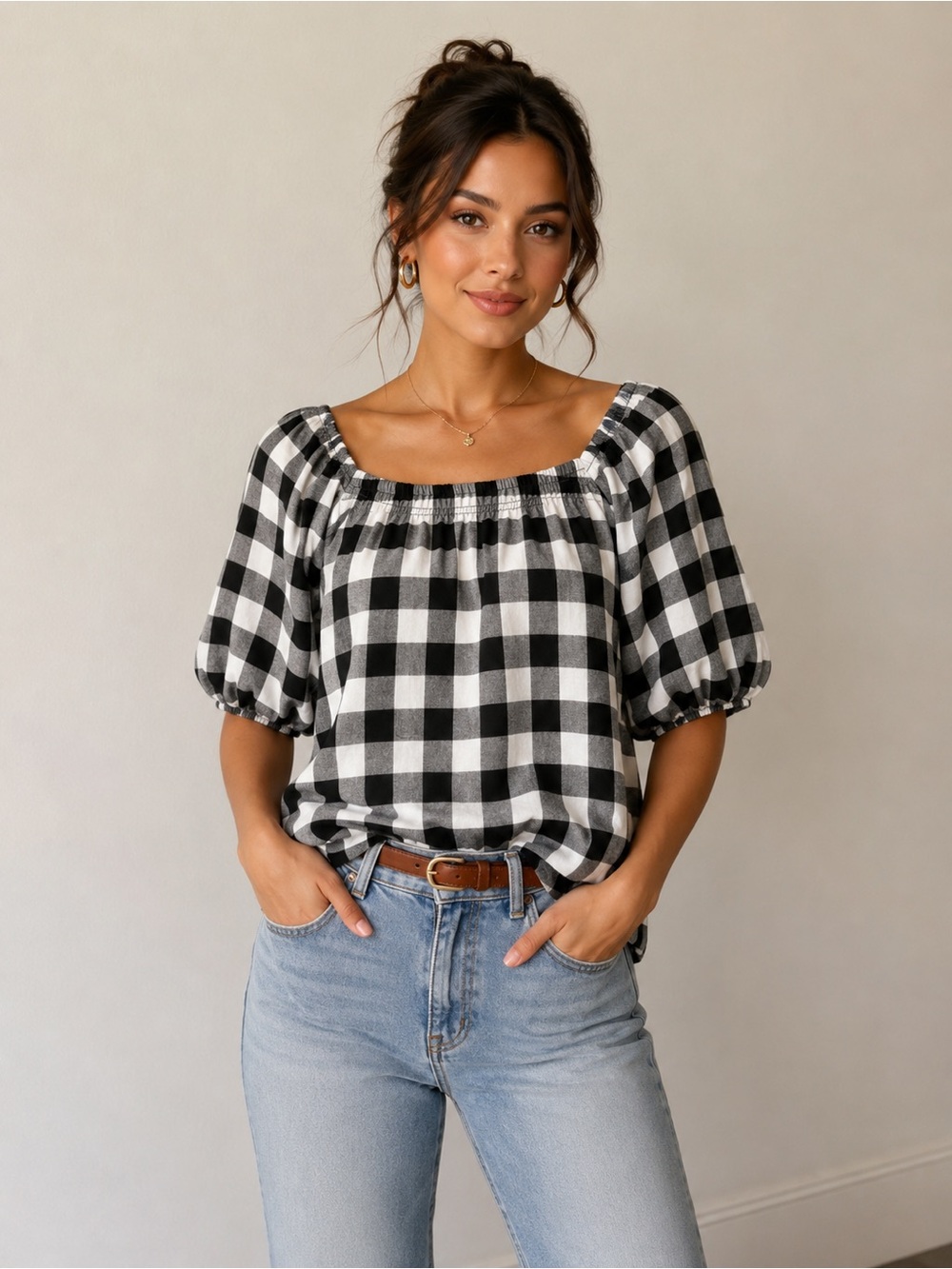 Black & White Gingham Square-Neck Puff Sleeve Blouse